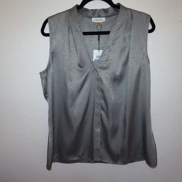 NWT- Calvin Klein Gray Leopard V-Neck Sleeveless Blouse Women's Size XL - Picture 1 of 5